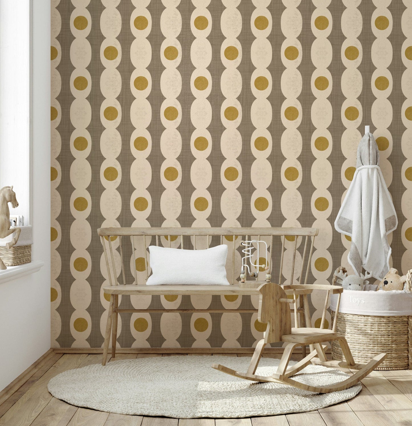 Beige-toned atomic design mural evoking mid-century modern style.