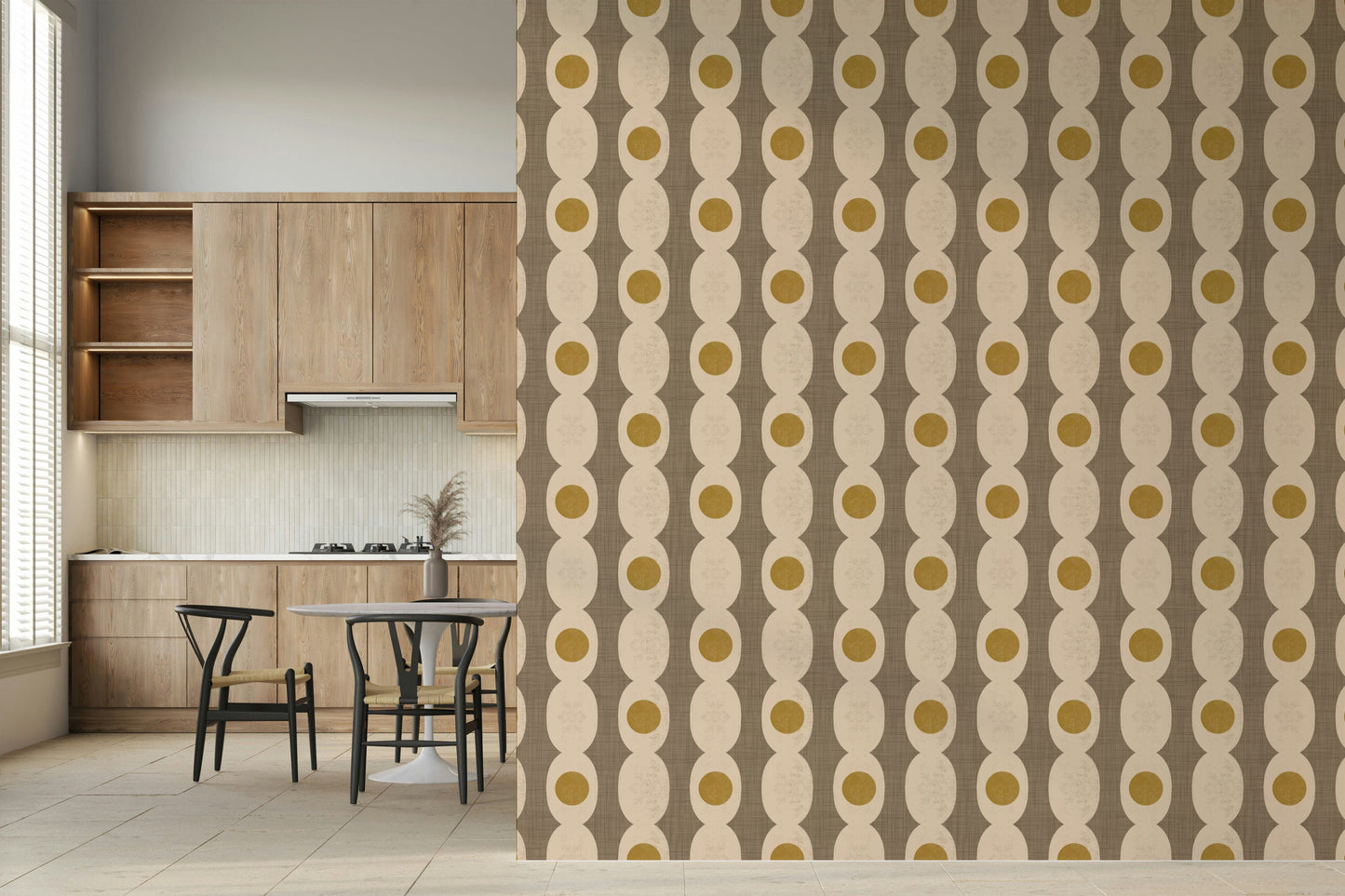 Retro abstract wallpaper with Atomic Age lines and organic beige shapes.