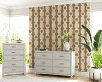 Atomic Age beige abstract wallpaper with mid-century inspired shapes.