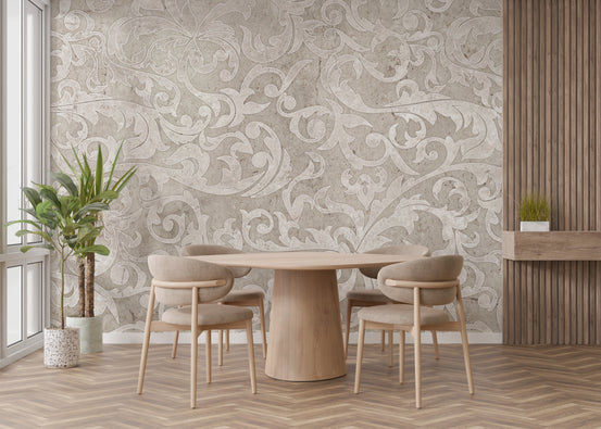 Vintage Beige Color Floral Pattern wallpaper with damask scrolls behind a round wood dining table in a bright dining room