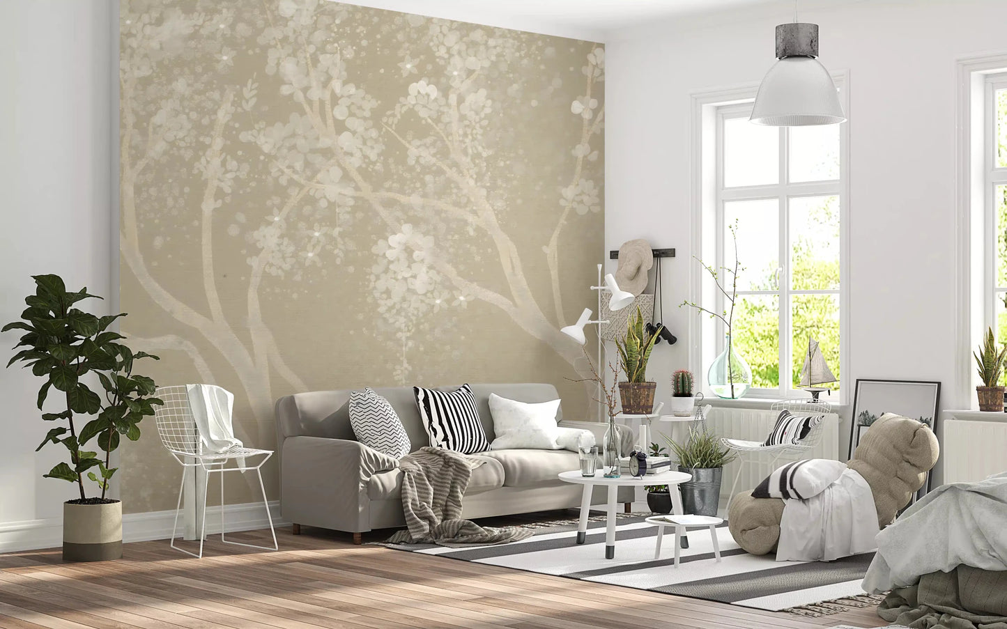 Elegant Living room wall decor featuring a Japanese inspired Sakura blossom wallpaper.