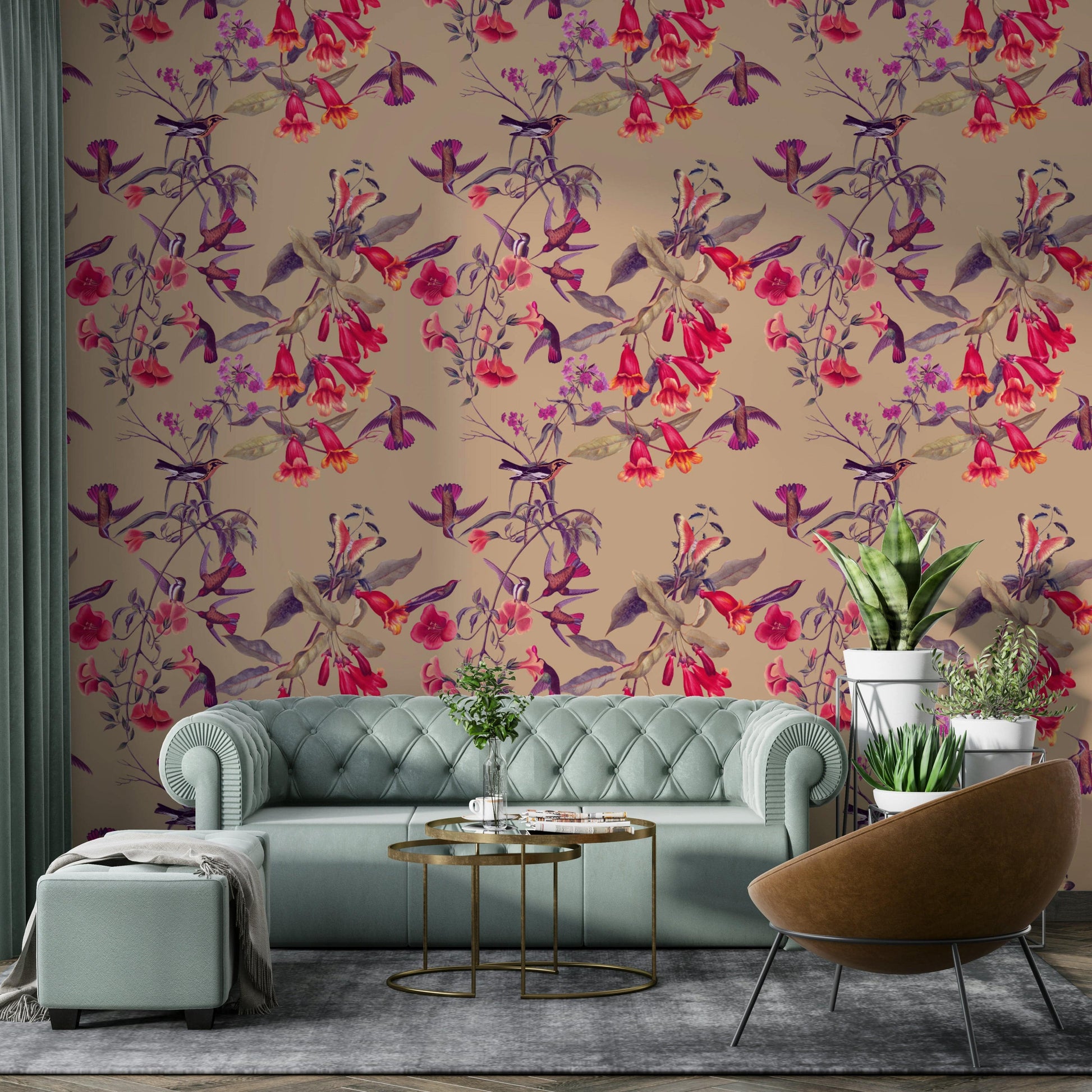 A calming floral design wallpaper mural that defines a space.

