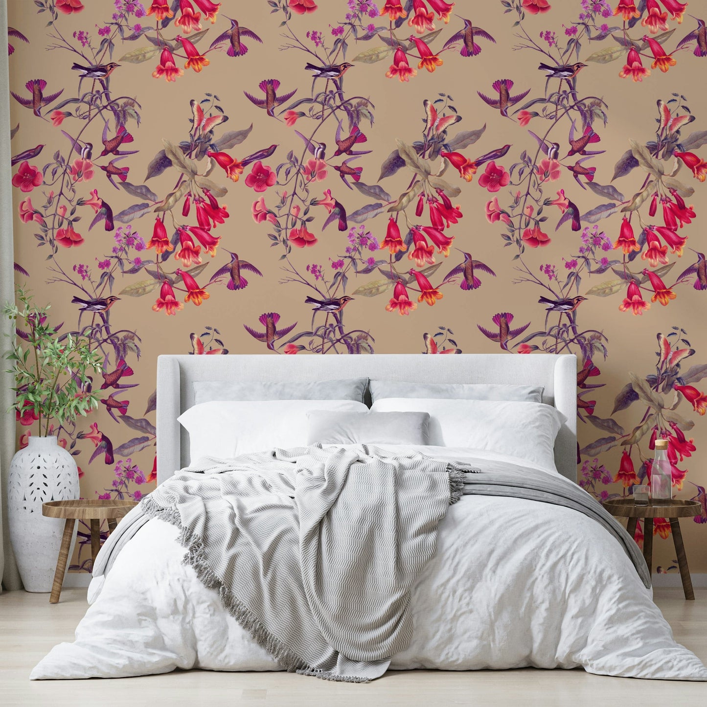A beautiful wide-angle wall mural of delicate birds.

