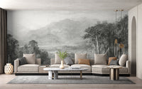 Hand-drawn landscape mural with detailed forest view
