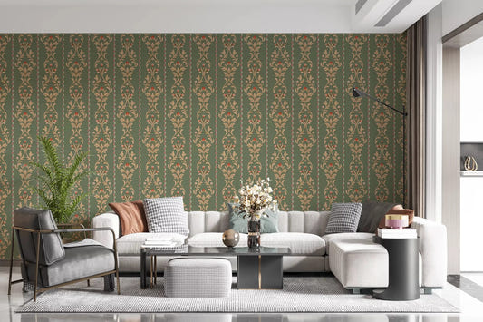 Vintage Bloom heritage stripe Wallpaper in a sage green Victorian living room.