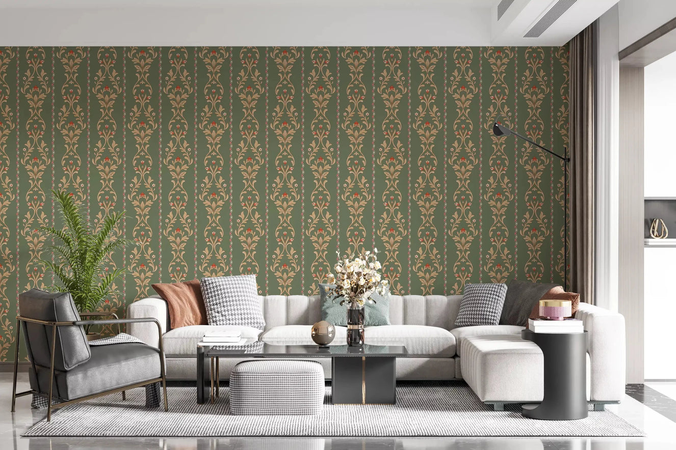 Vintage Bloom heritage stripe Wallpaper in a sage green Victorian living room.