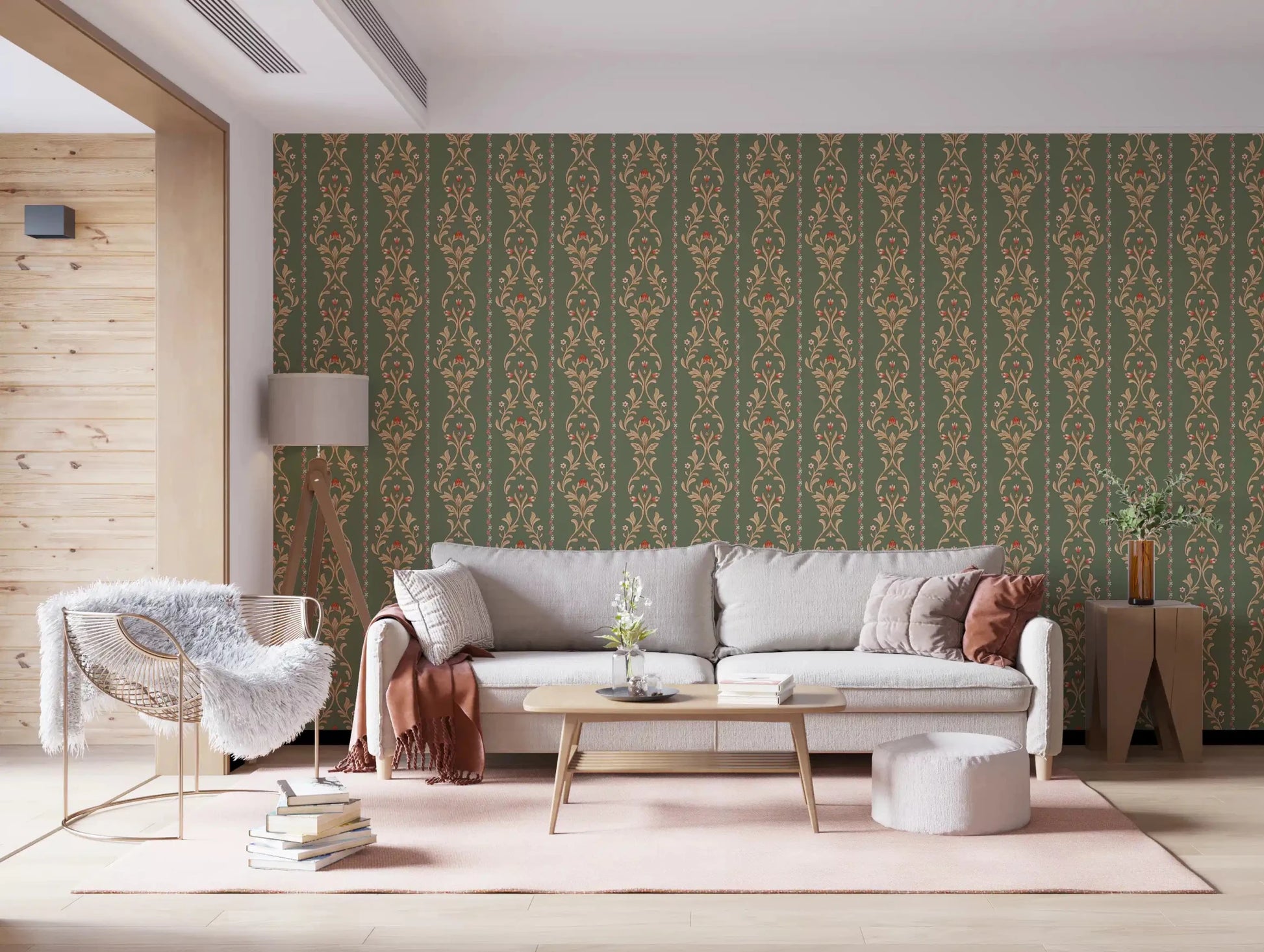 Classical floral wallpaper for a cozy apartment living area.