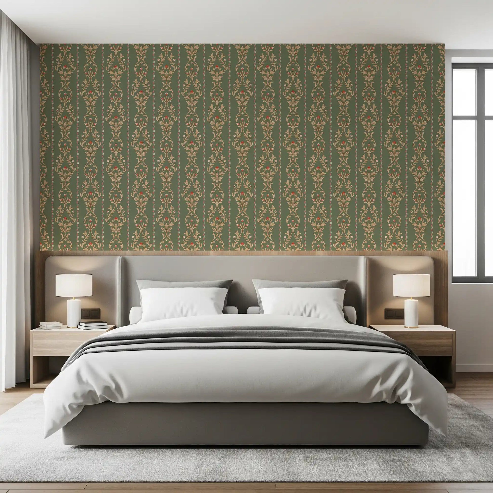 Botanical striped wall covering in an earthy green and tan color palette.