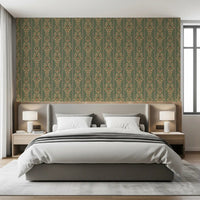 Botanical striped wall covering in an earthy green and tan color palette.