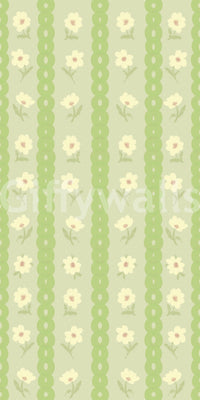 Vintage Bloom Rows wallpaper close-up showing cream daisies on green scalloped stripes