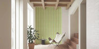 Vintage Bloom Rows wallpaper mural in a sunroom with a sling chair and sheepskin under beamed ceiling, green stripes