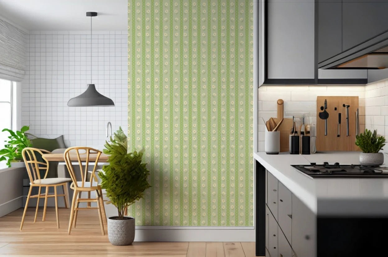 Vintage Bloom Rows wallpaper mural in a kitchen with a white tile breakfast nook and potted plant, green stripes