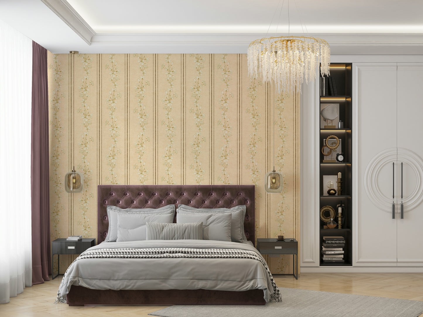 Classic striped wallpaper with vintage florals

