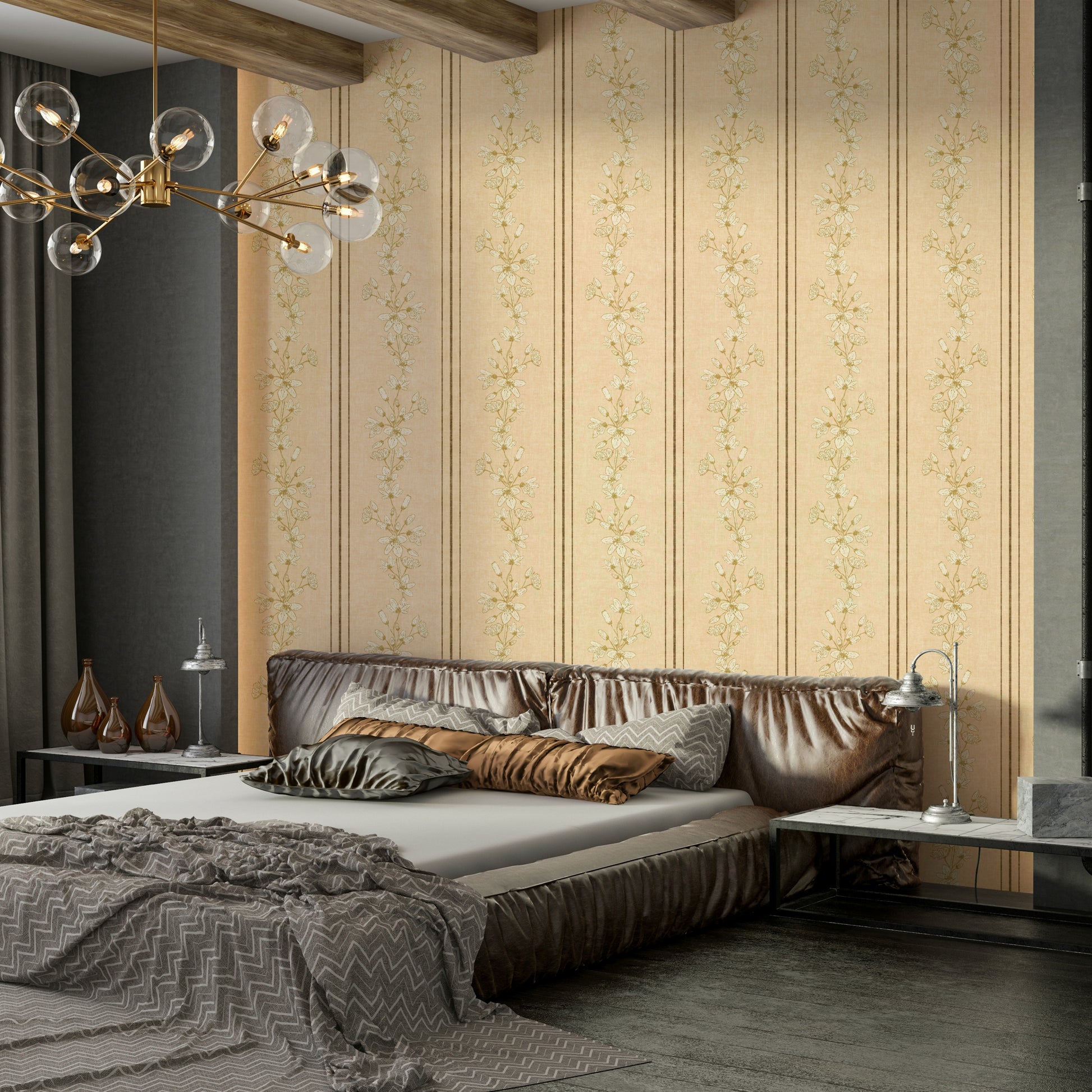 Romantic soft yellow floral stripe wall design

