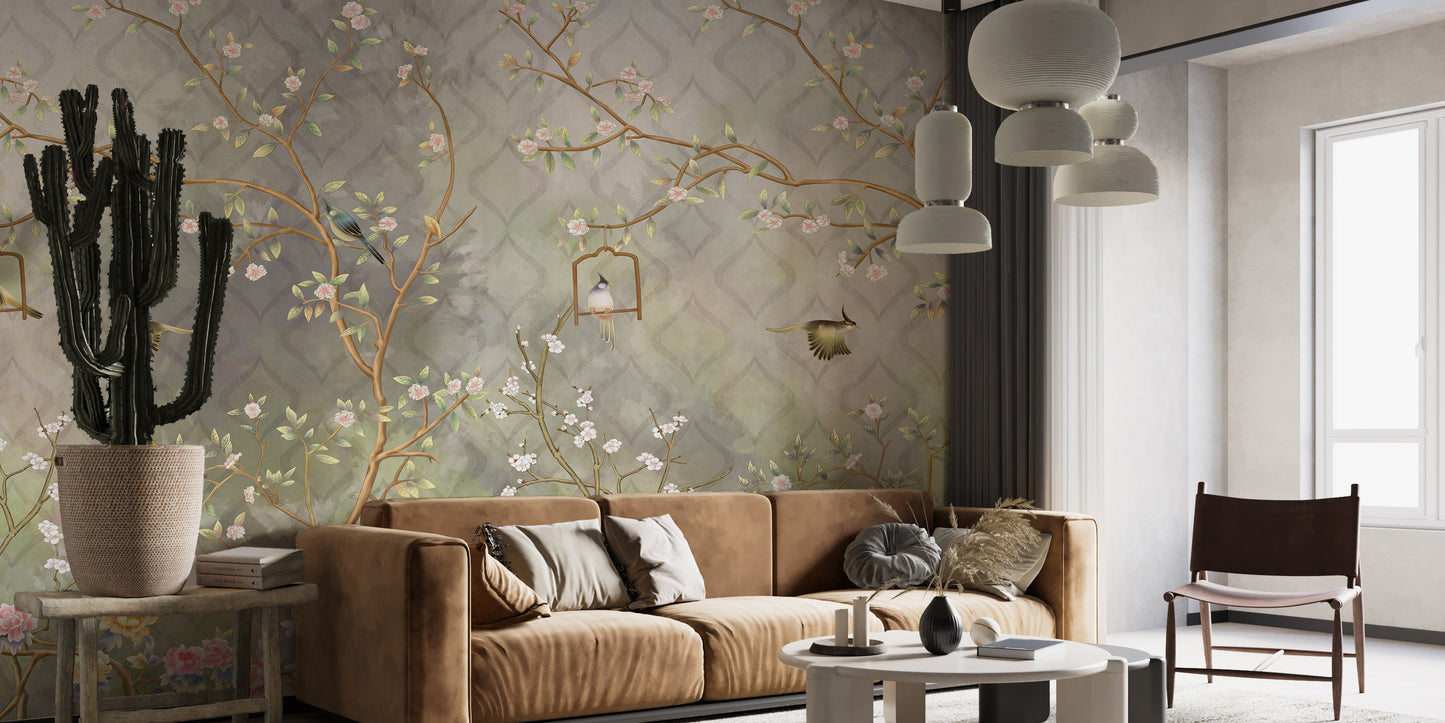 Vintage Blooming Garden Wall Mural peel and stick in a nursery with a white storage unit and a wooden ladder.