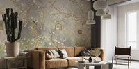 Vintage Blooming Garden Wall Mural peel and stick in a nursery with a white storage unit and a wooden ladder.