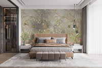 Self adhesive vintage floral mural in a master suite with a platform bed and integrated lighting for a luxury feel.
