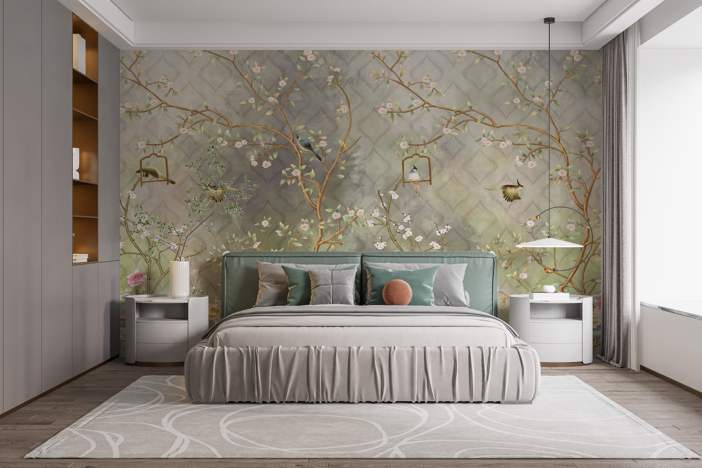 Removable Vintage Blooming Garden Wall Mural in a guest bedroom with a wooden bench and soft white bedding.
