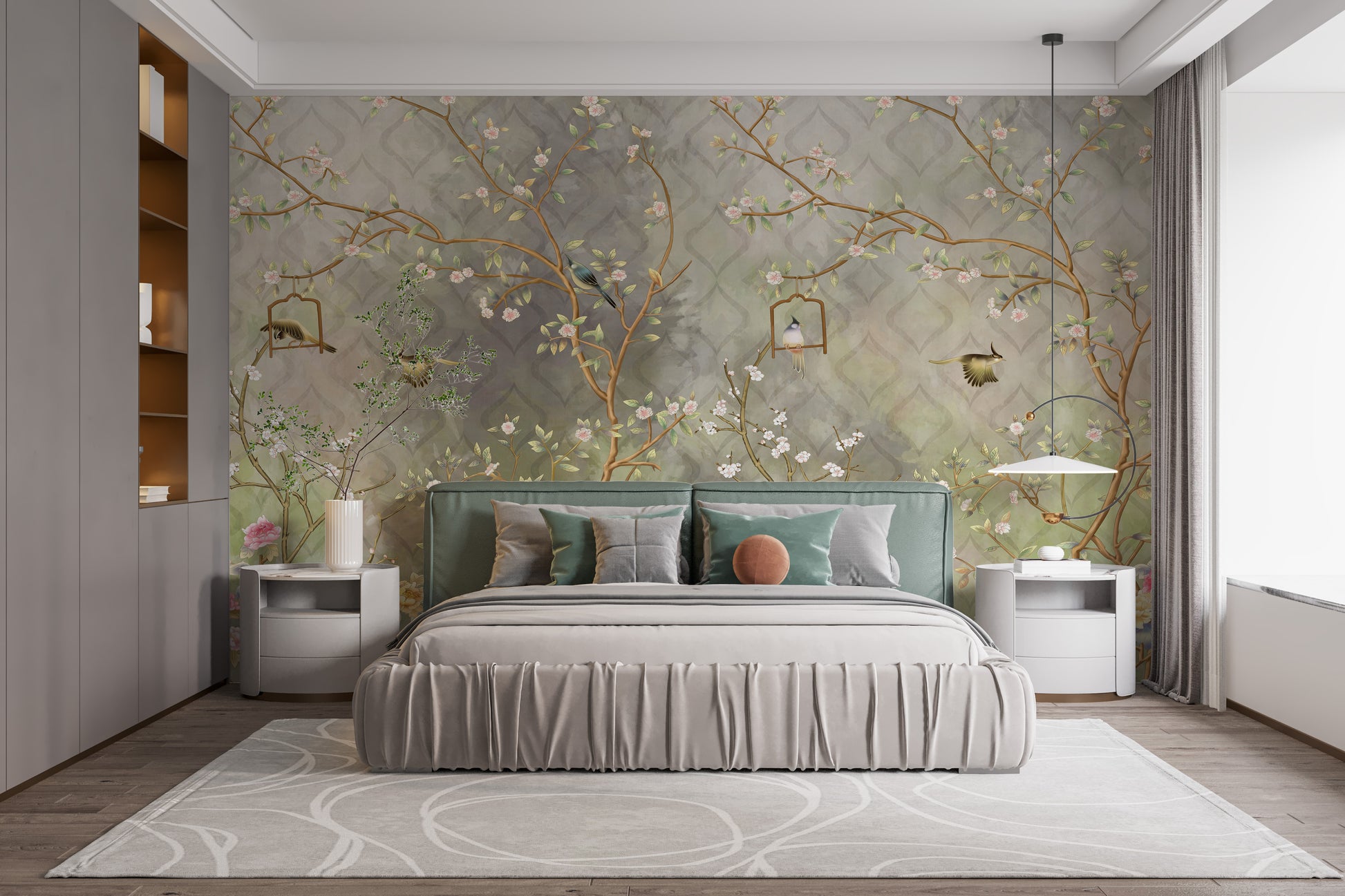 Removable Vintage Blooming Garden Wall Mural in a guest bedroom with a wooden bench and soft white bedding.