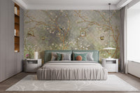 Removable Vintage Blooming Garden Wall Mural in a guest bedroom with a wooden bench and soft white bedding.