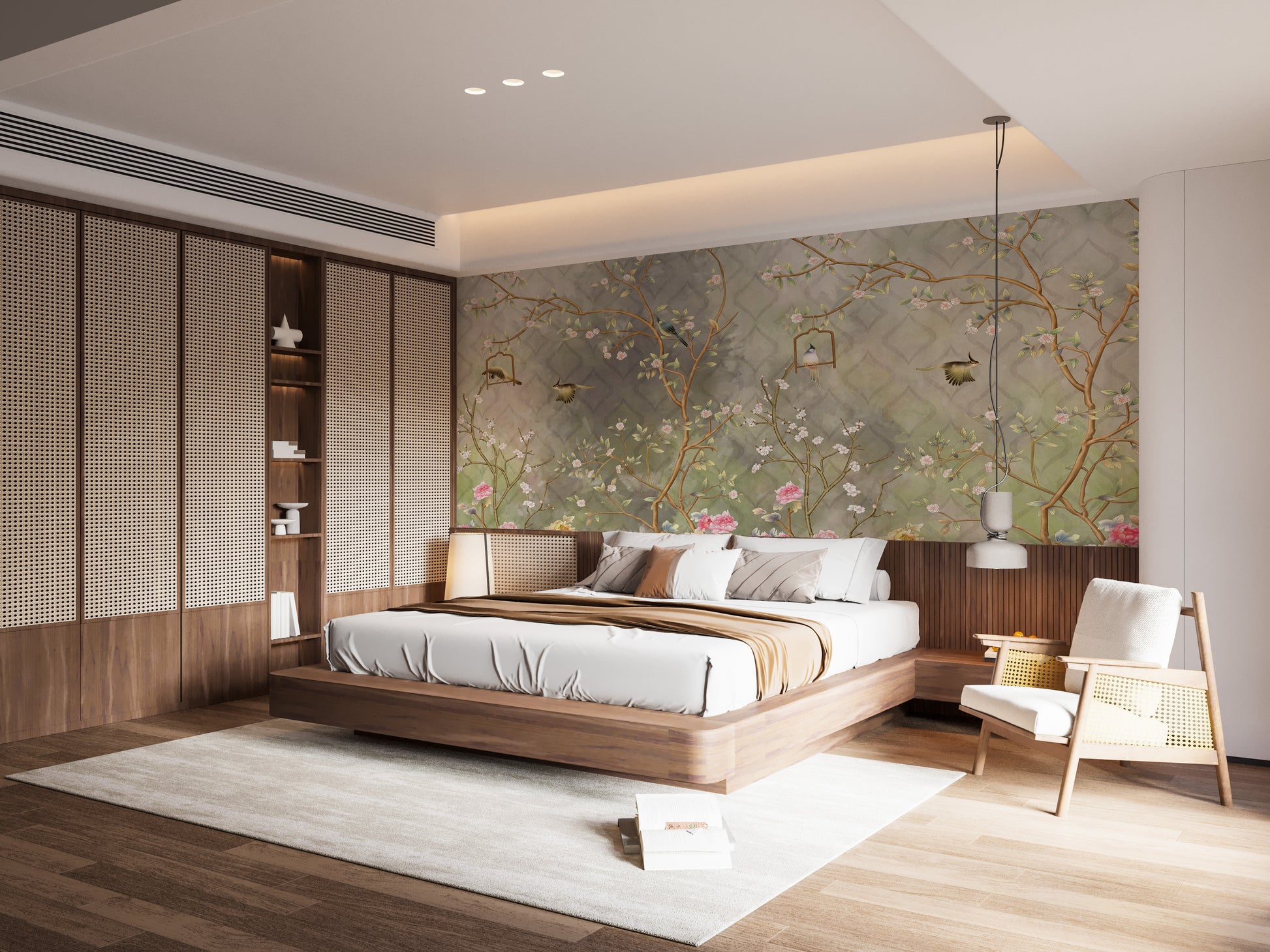 High-quality premium canvas vintage mural in a bright bedroom with a beige upholstered bed and minimalist decor.