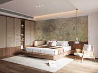 High-quality premium canvas vintage mural in a bright bedroom with a beige upholstered bed and minimalist decor.