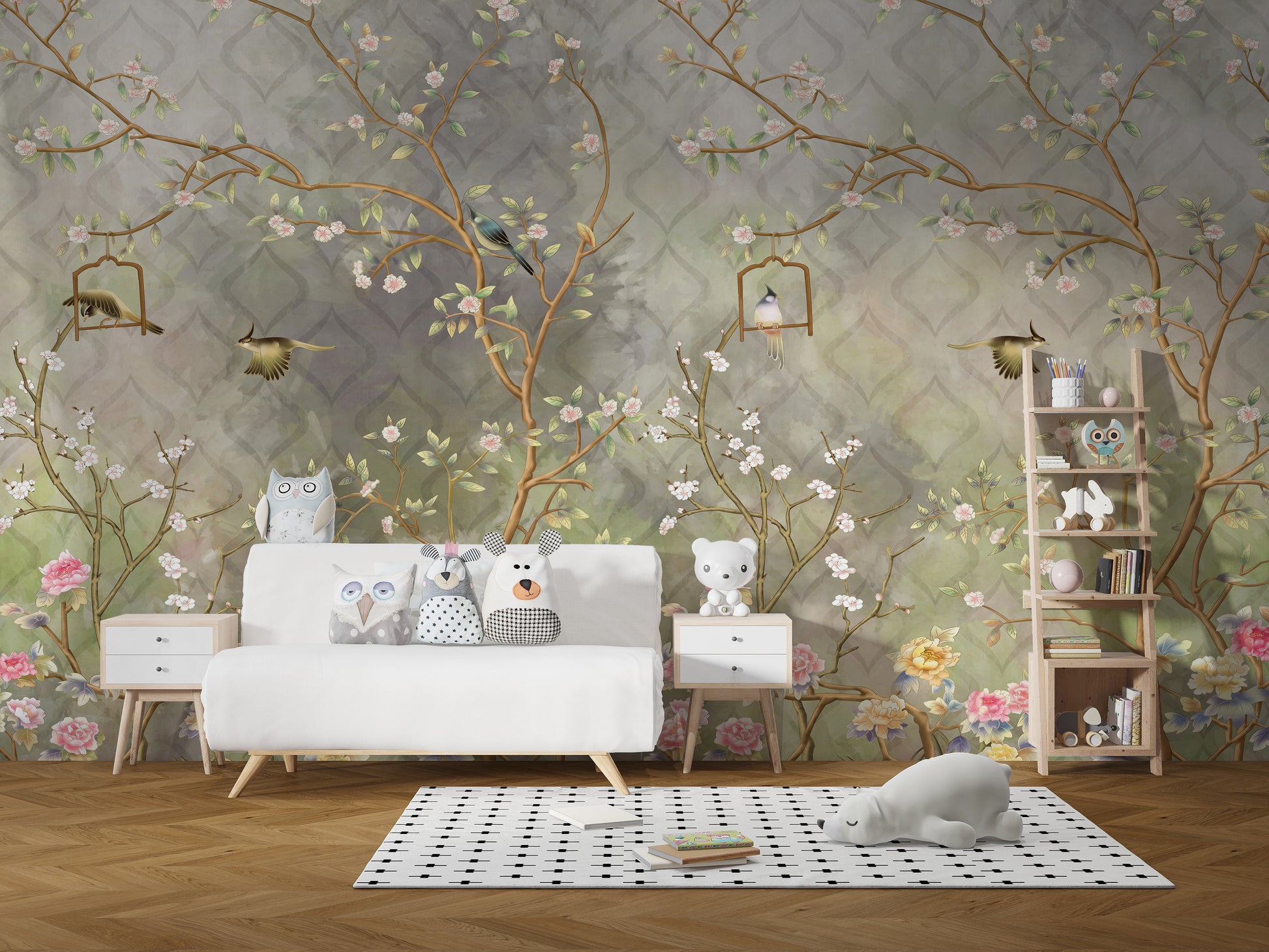 Standard finish vintage garden mural in a spacious modern lounge with a white sectional sofa and colorful pillows.