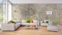 Premium Vintage Blooming Garden Wall Mural in a contemporary bedroom featuring a leather bed frame and neutral tones.
