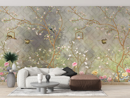 Vintage Blooming Garden Wall Mural in a living room with a white sofa and brown ottoman for a refined look.