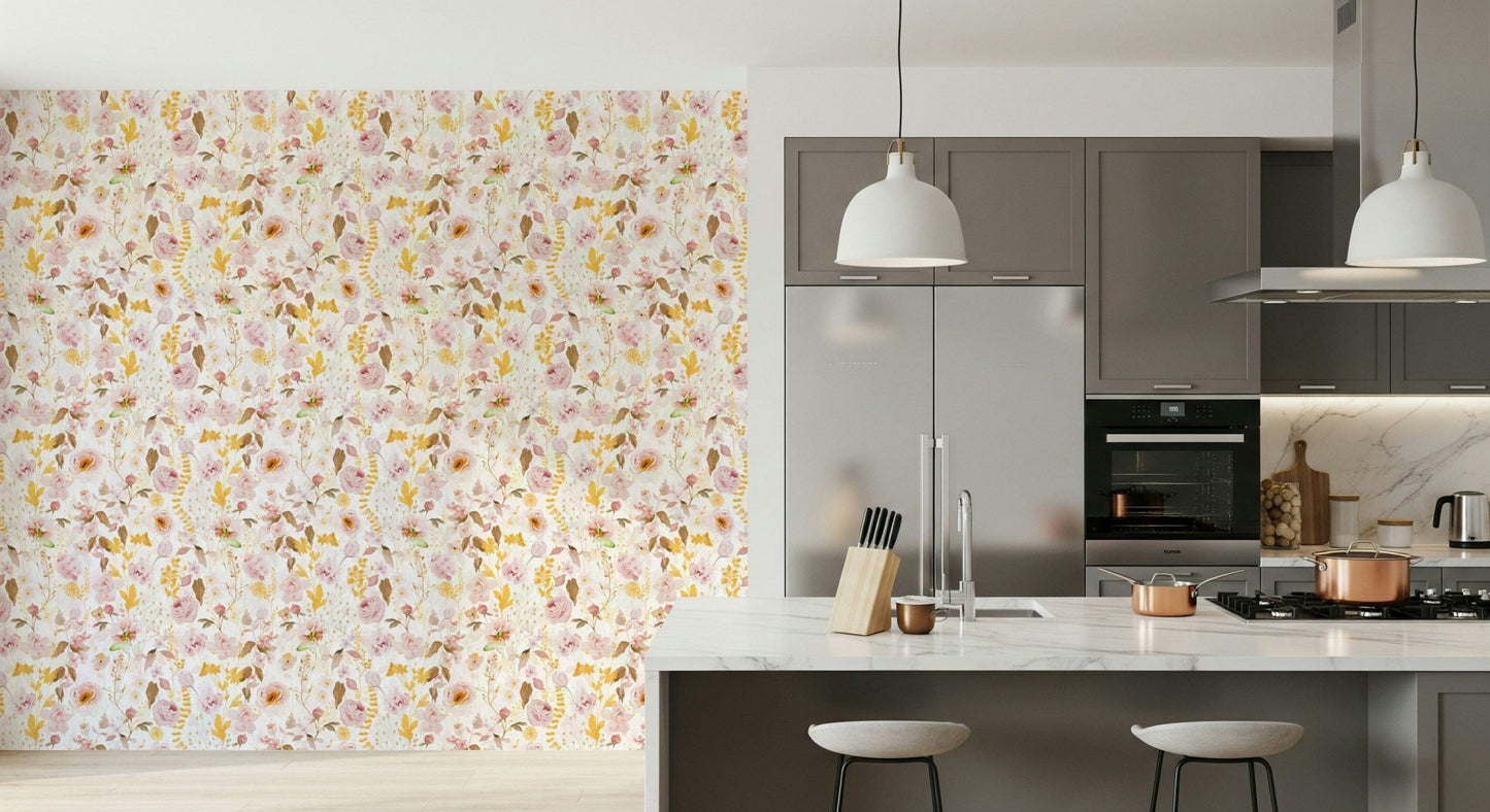 Watercolor style flower wallpaper for walls subtle hues.
