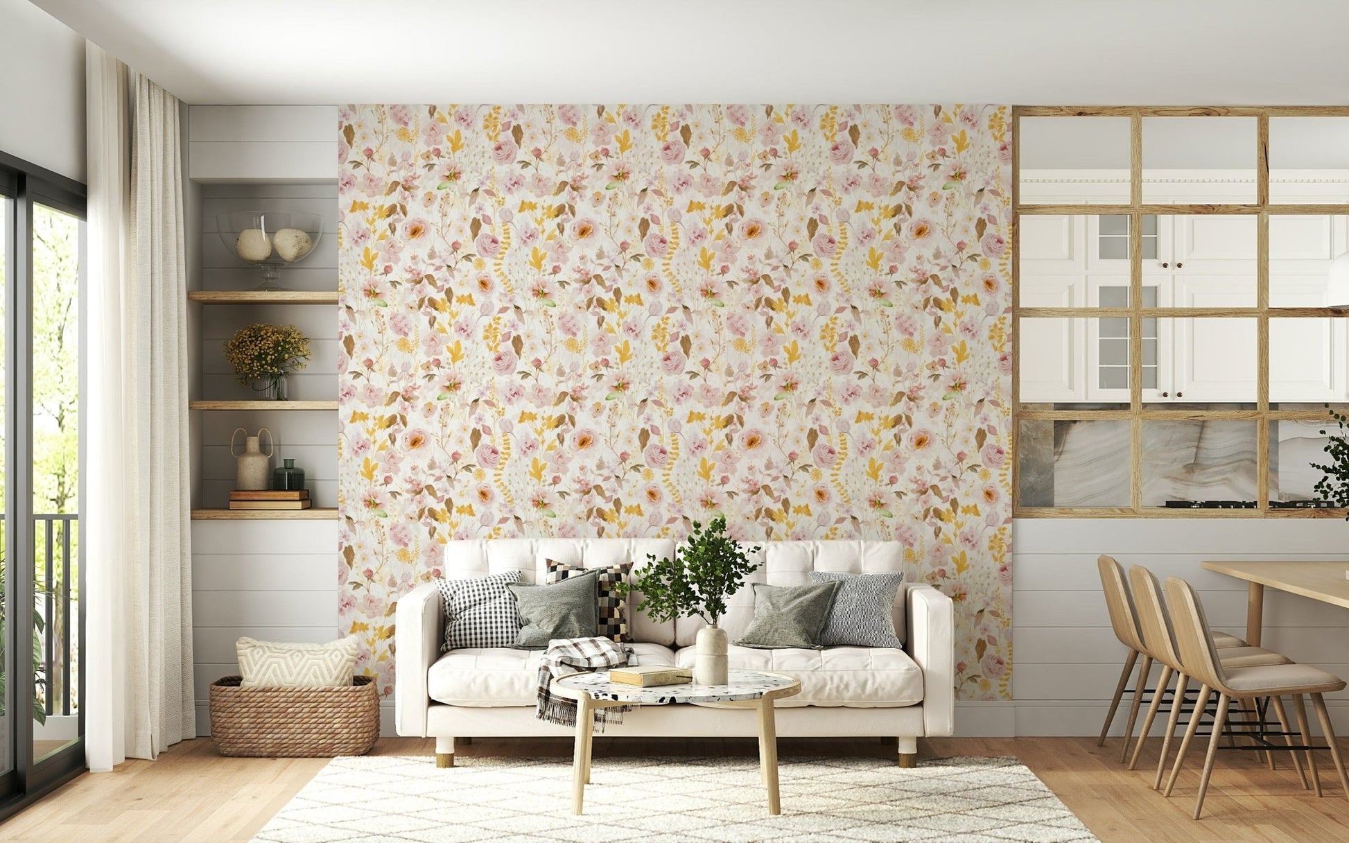 Romantic blush floral wall mural for bedroom decor.