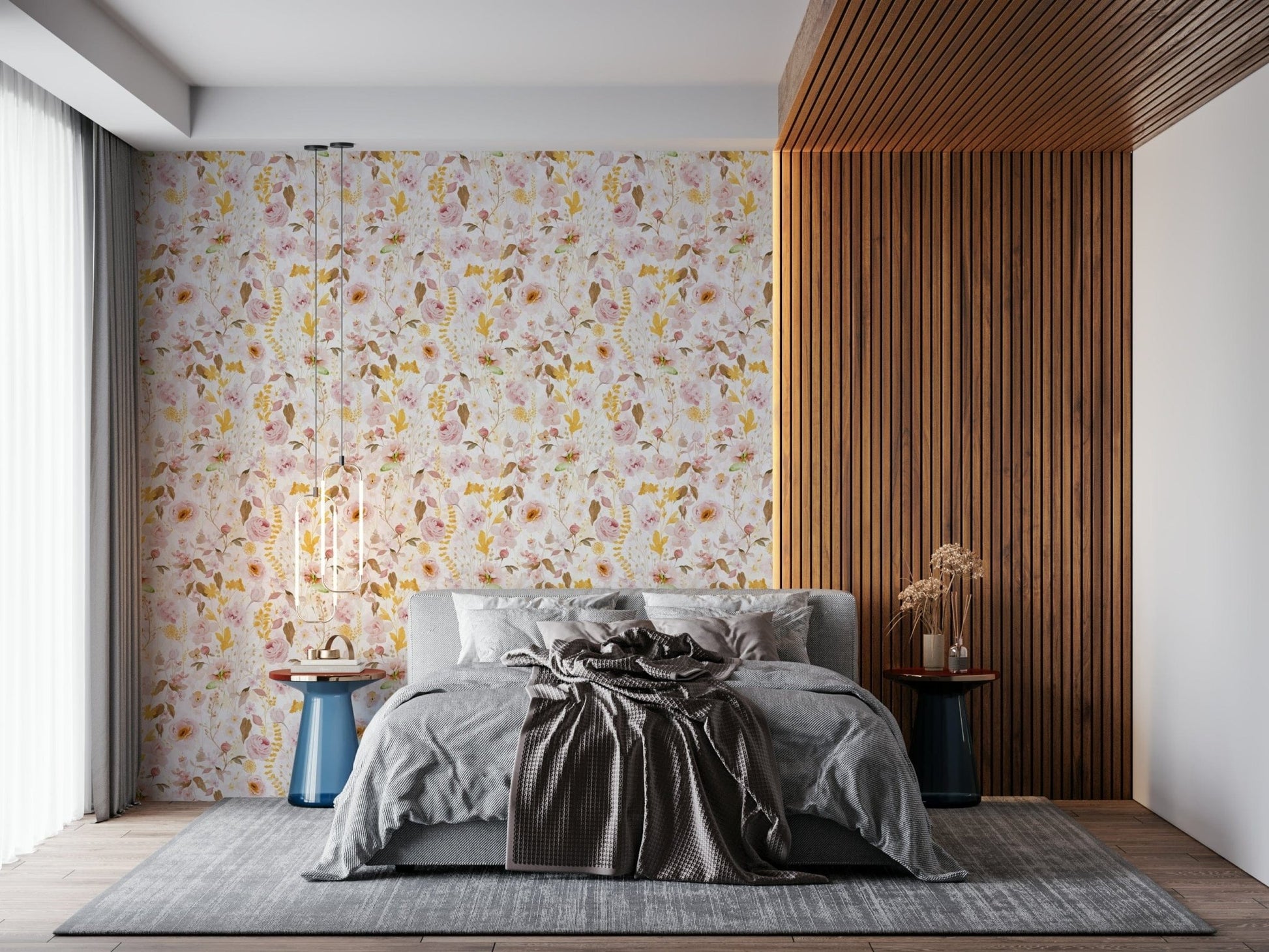Rose Garden wall mural delicate blush and gold florals.
