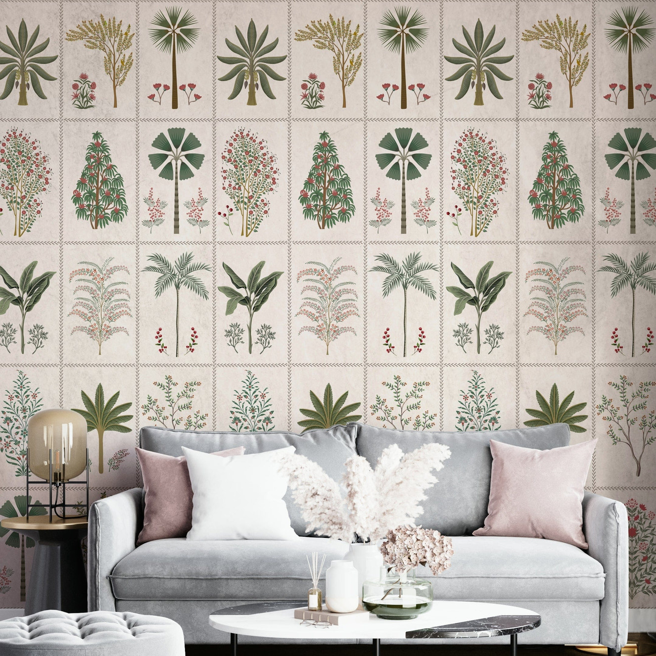 A peaceful wall mural with an organic, botanical design.

