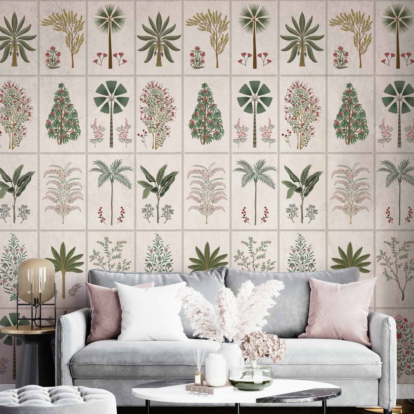 A peaceful wall mural with an organic, botanical design.

