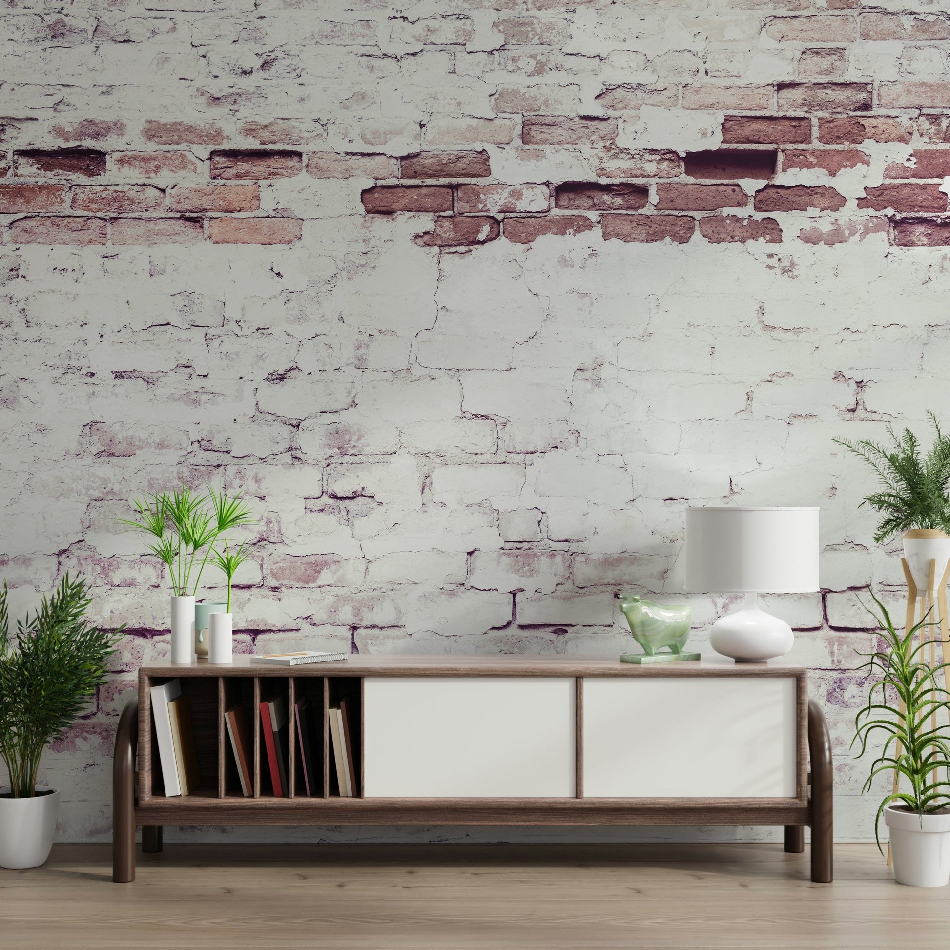 Decorative faded brickwork wallpaper mural adding character, depth, and rustic charm to any room.