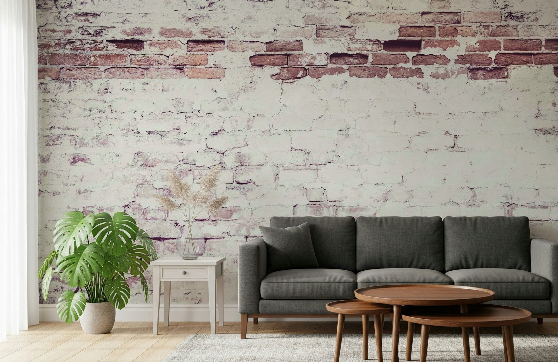 Wall mural featuring worn, layered bricks for vintage urban or industrial-inspired interiors.