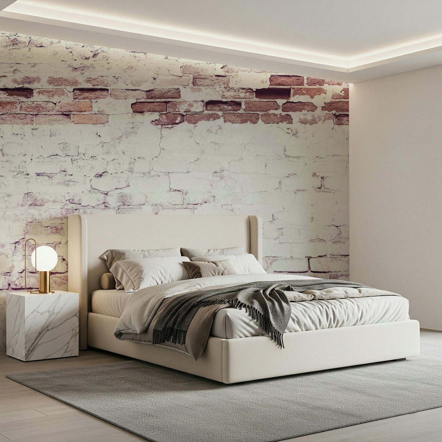 Faded heritage brick wall mural blending rustic tones and distressed textures for cozy living spaces.