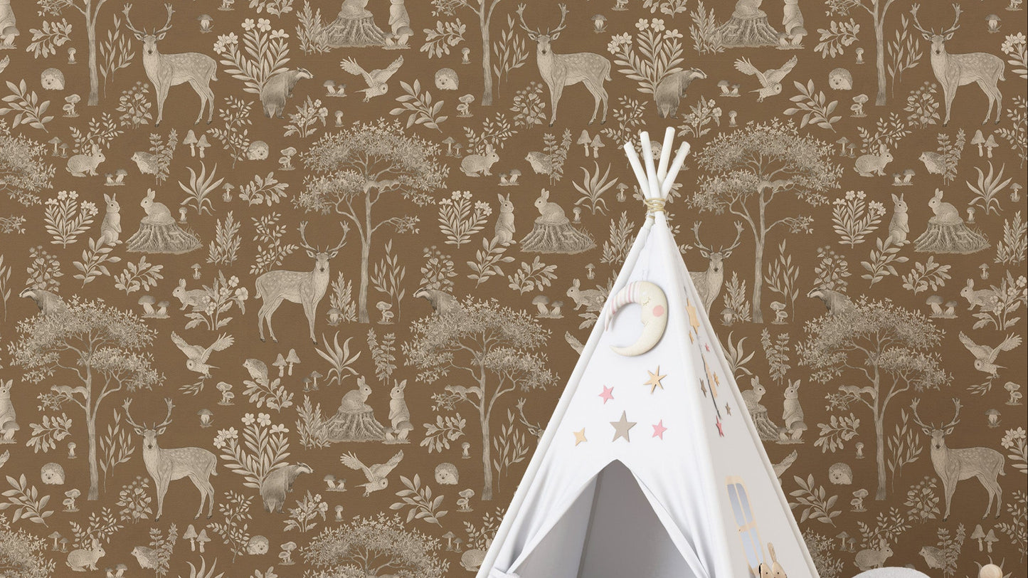 Vintage Brown Wildlife wallpaper in warm tan with deer and rabbits beside a white star and moon teepee