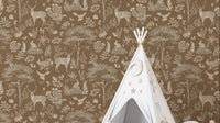 Vintage Brown Wildlife wallpaper in warm tan with deer and rabbits beside a white star and moon teepee