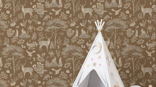 Vintage Brown Wildlife wallpaper in warm tan with deer and rabbits beside a white star and moon teepee
