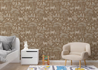 Vintage Brown Wildlife wallpaper behind a white bed, Miffy lamp nightstand and beige armchair in a kids room