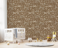 Vintage Brown Wildlife wallpaper in a nursery with a white crib, grey rug and bear and bunny plush toys