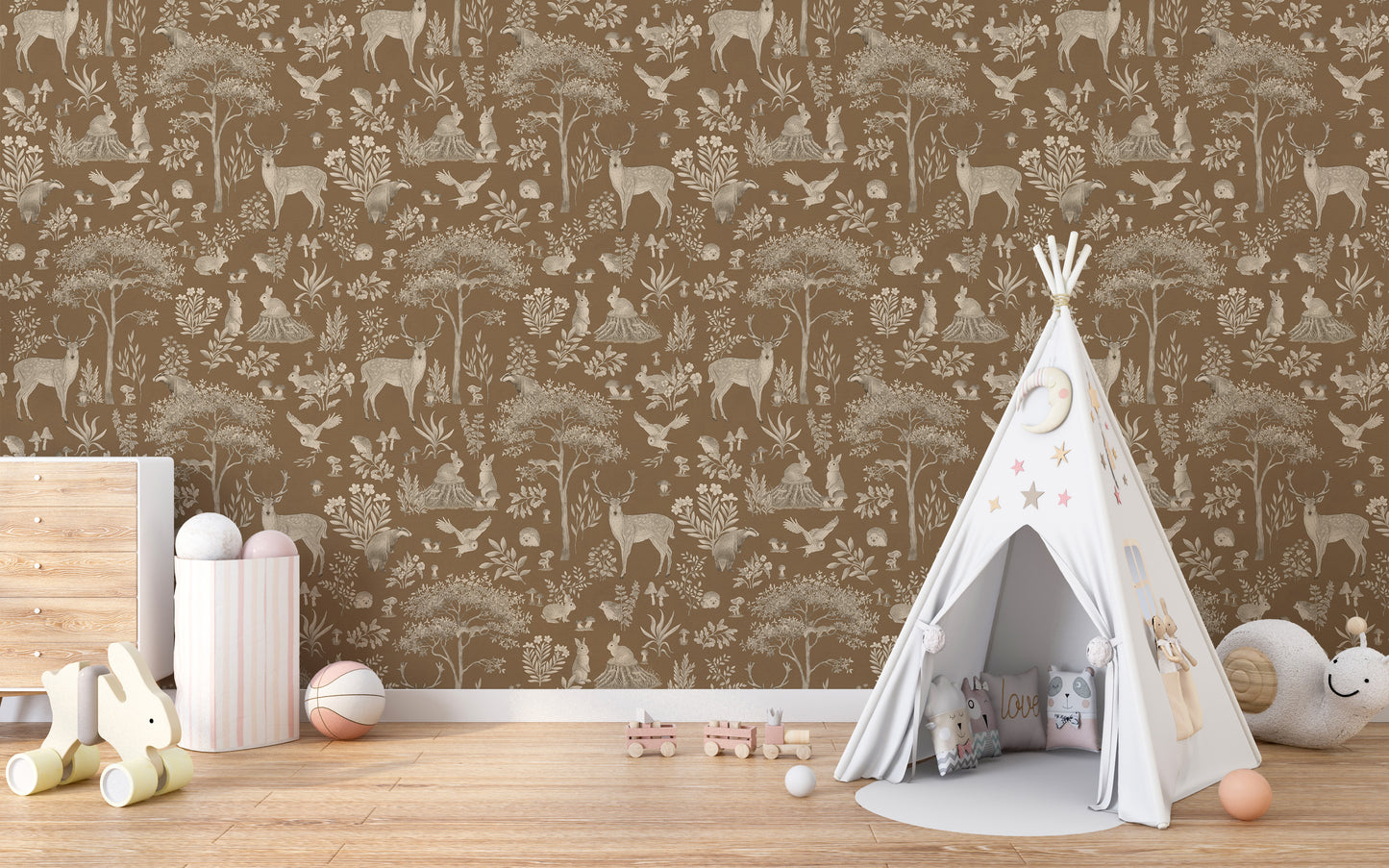 Vintage Brown Wildlife wallpaper in a kids room with a white teepee tent, pink bins and a bunny toy