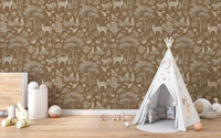 Vintage Brown Wildlife wallpaper in a kids room with a white teepee tent, pink bins and a bunny toy