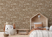 Vintage Brown Wildlife wallpaper behind a wooden house-shaped bed with terracotta bedding and a lion basket