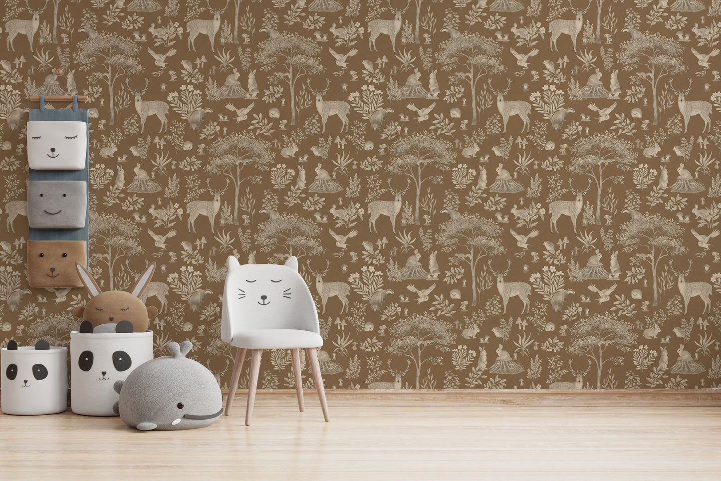 Vintage Brown Wildlife wallpaper as a full wall behind a white cat-shaped chair and panda storage baskets