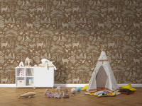 Vintage Brown Wildlife wallpaper behind a white dresser, beige teepee and shark toy in a kids room