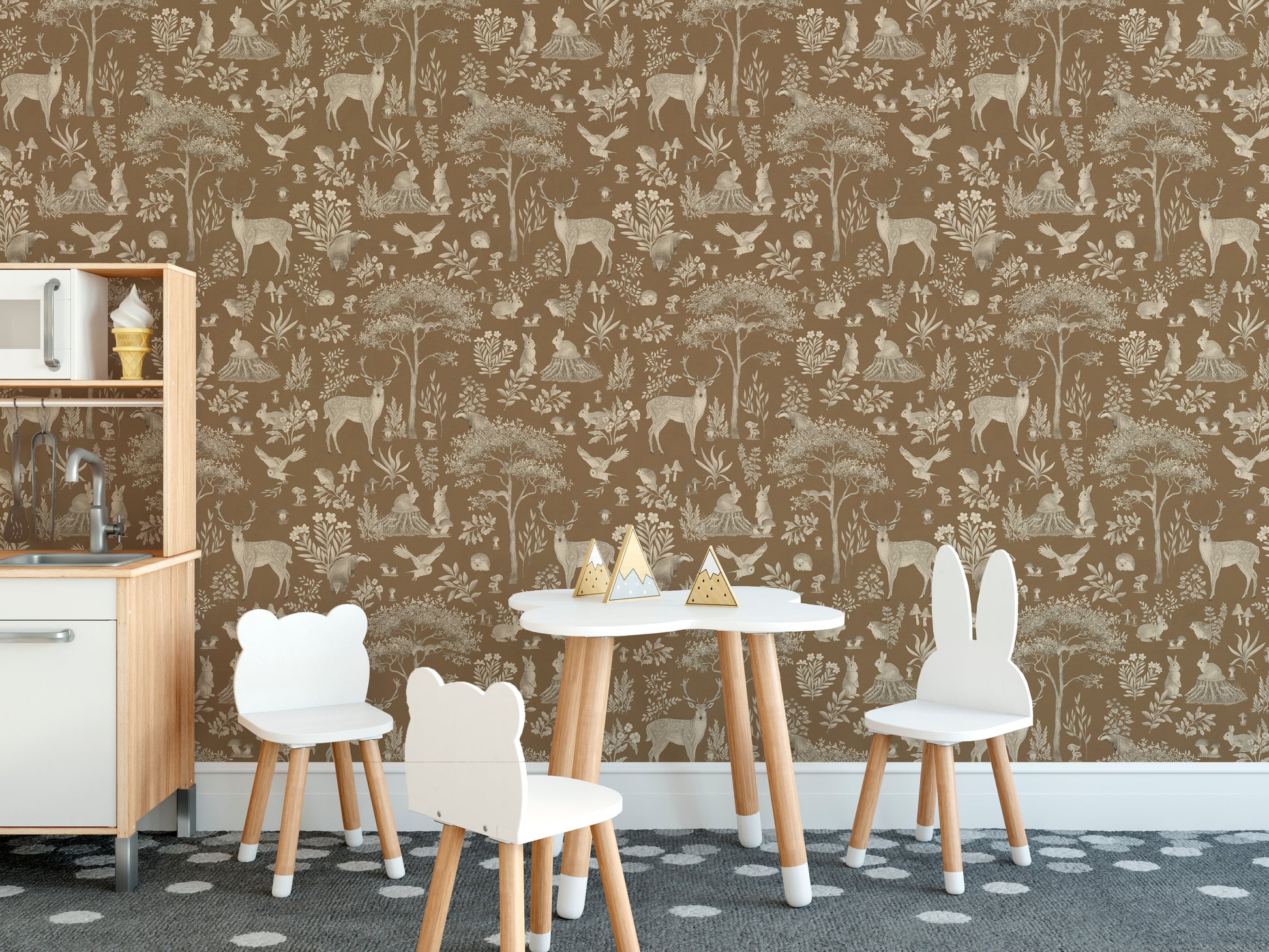 Vintage Brown Wildlife wallpaper behind bear and bunny stools and a wood play kitchen on a dotted rug