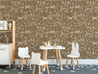 Vintage Brown Wildlife wallpaper behind bear and bunny stools and a wood play kitchen on a dotted rug