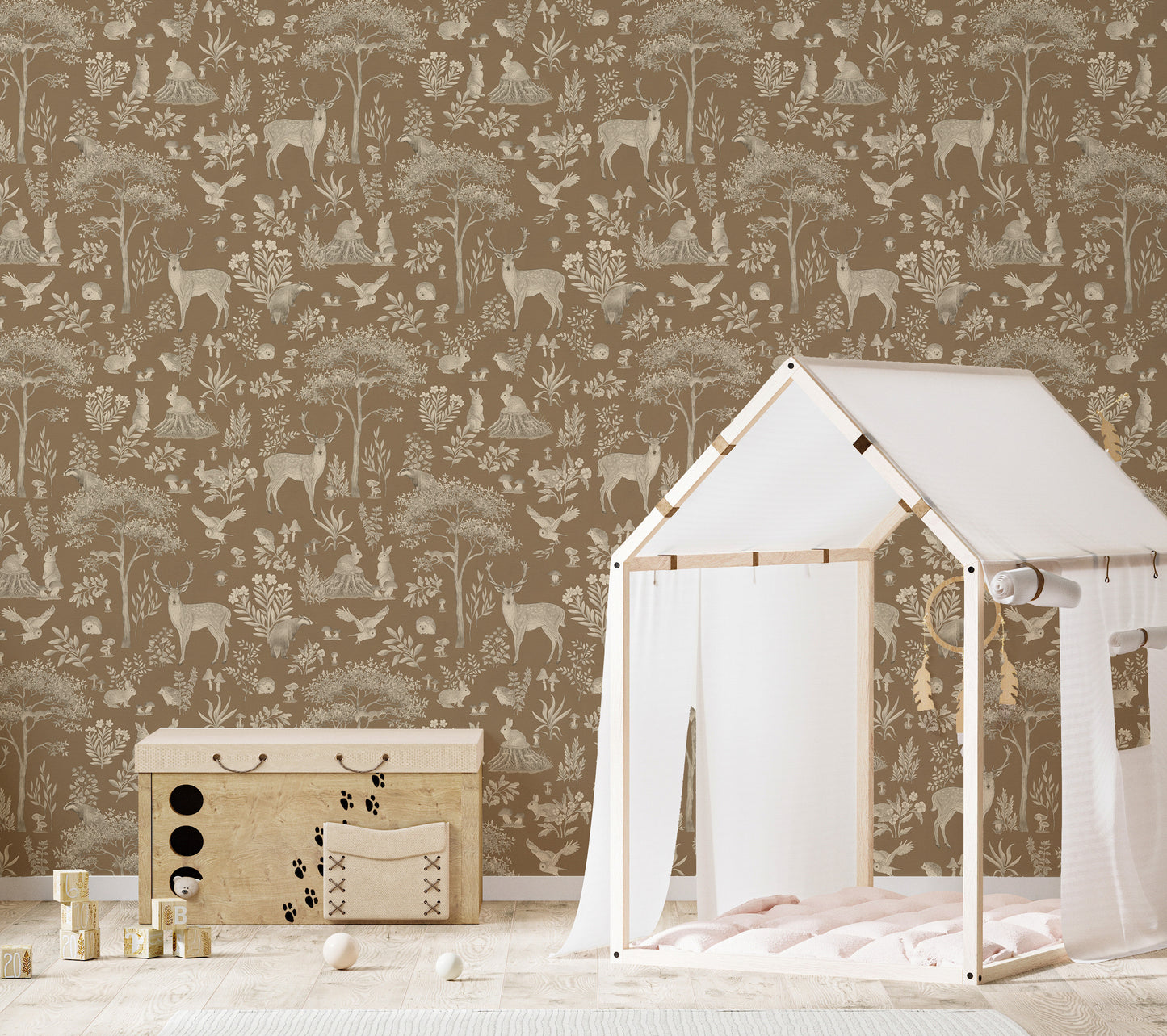 Vintage Brown Wildlife wallpaper behind a white house-frame bed and wooden toy chest in a playroom